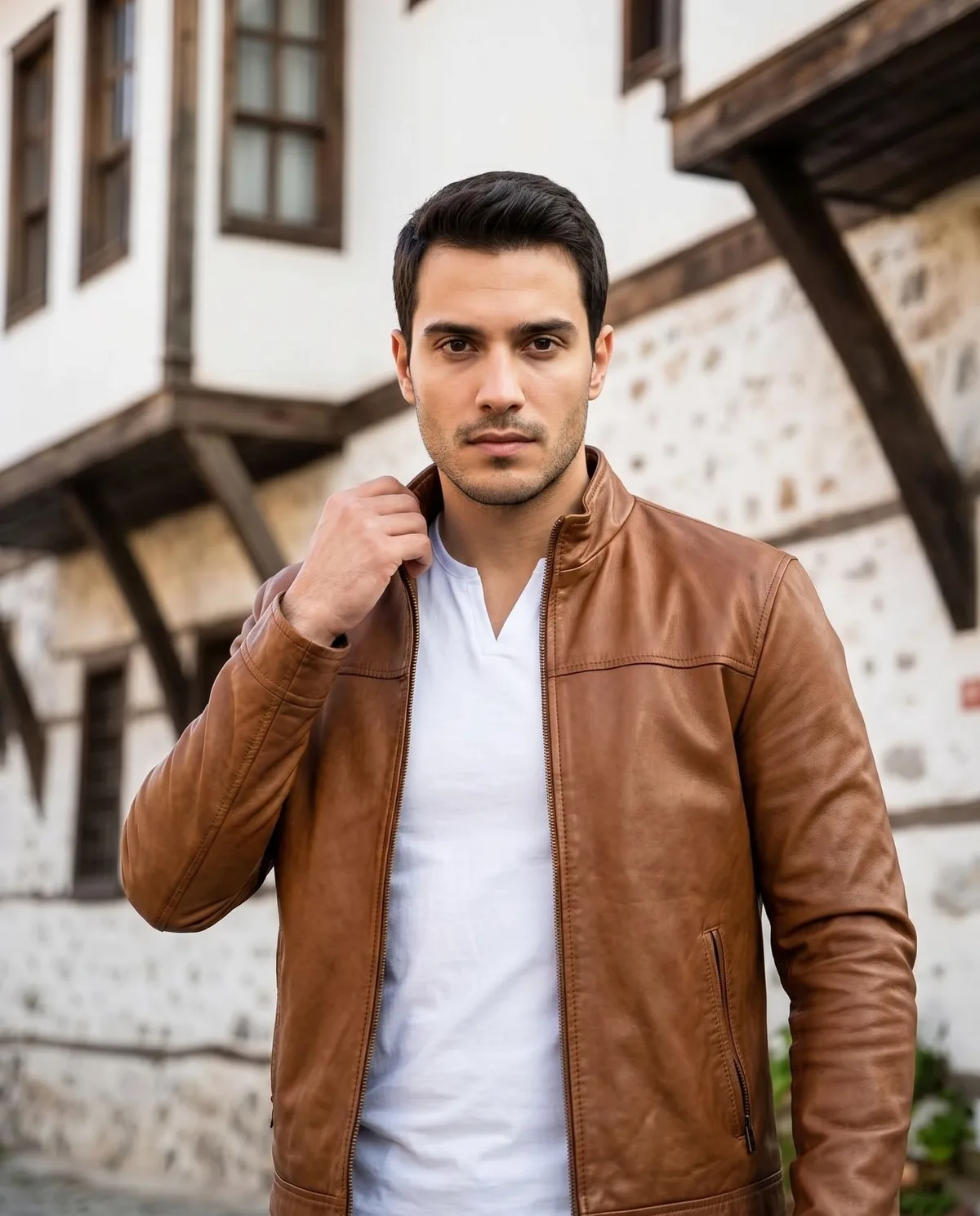 Brown Leather Jacket Look detail - Savas Textile