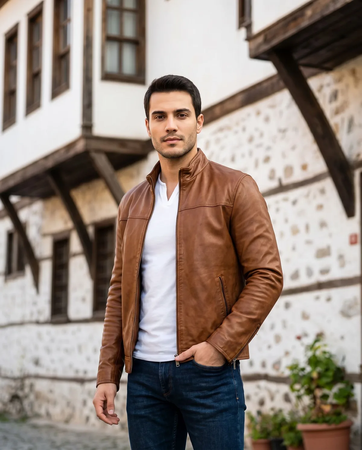 Brown Leather Jacket Look detail - Savas Textile