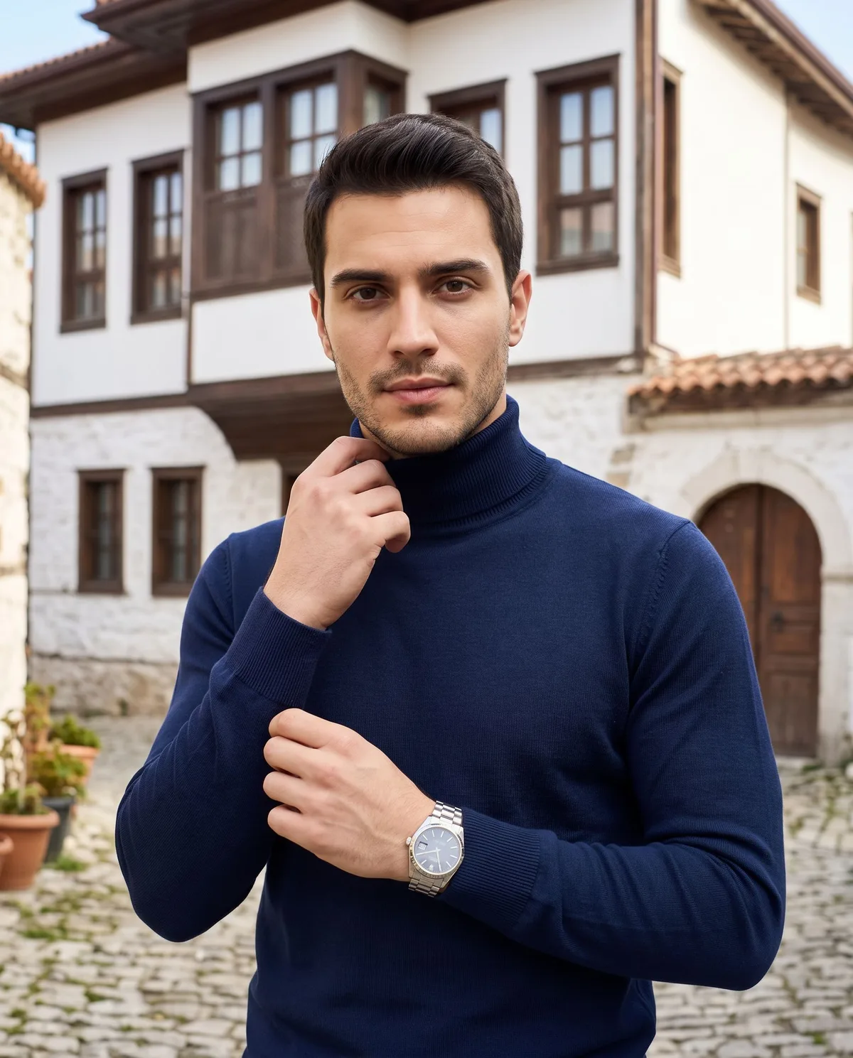 Navy Turtleneck Look detail - Savas Textile