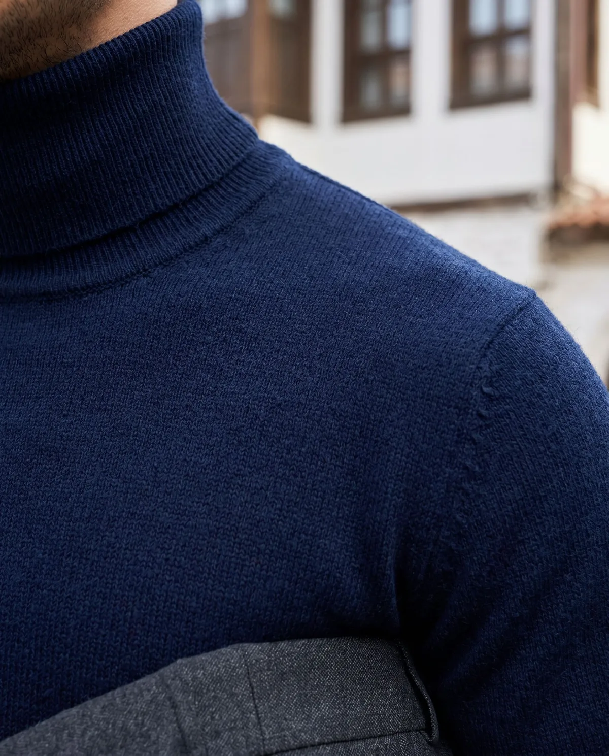 Navy Turtleneck Look detail - Savas Textile