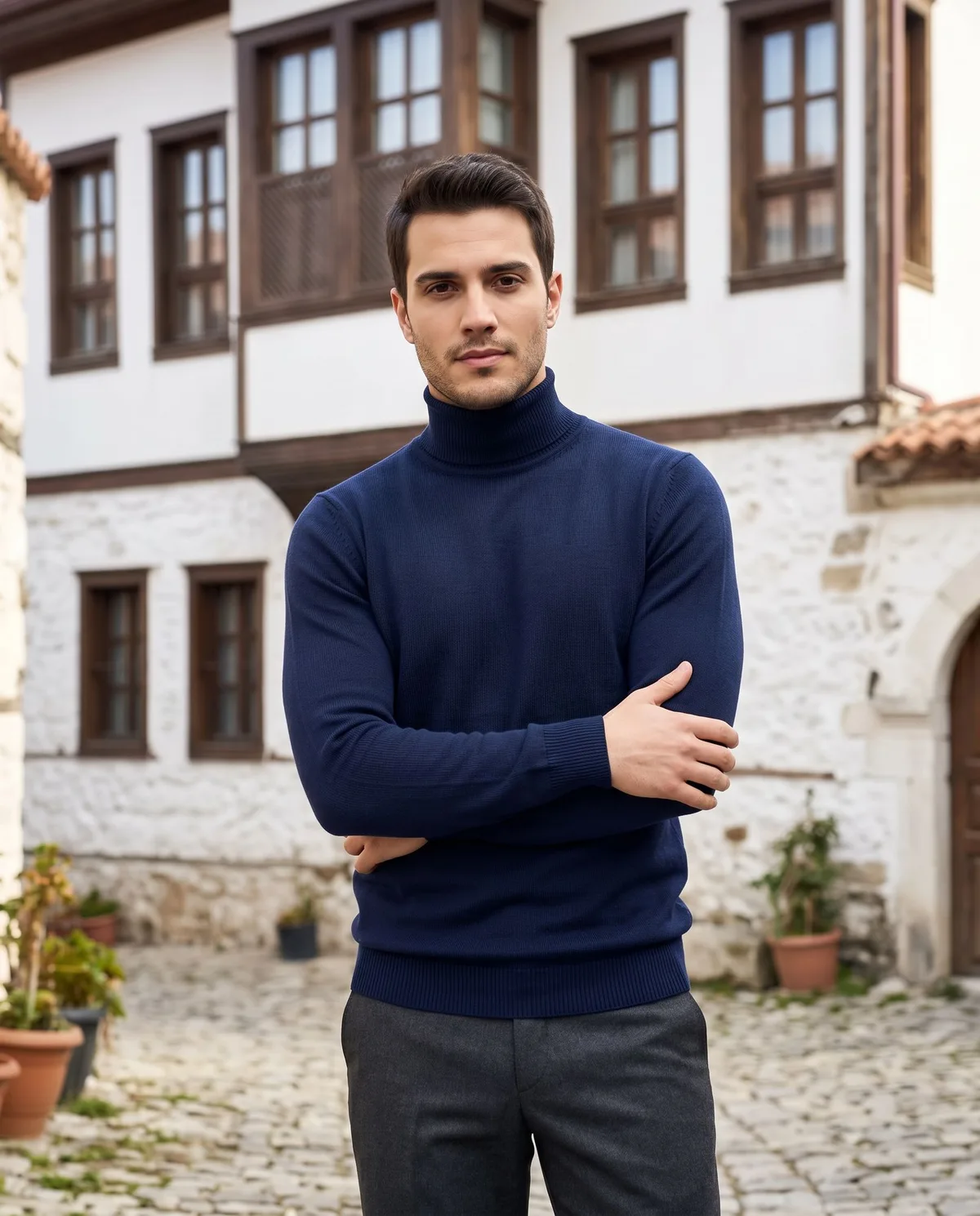 Navy Turtleneck Look detail - Savas Textile