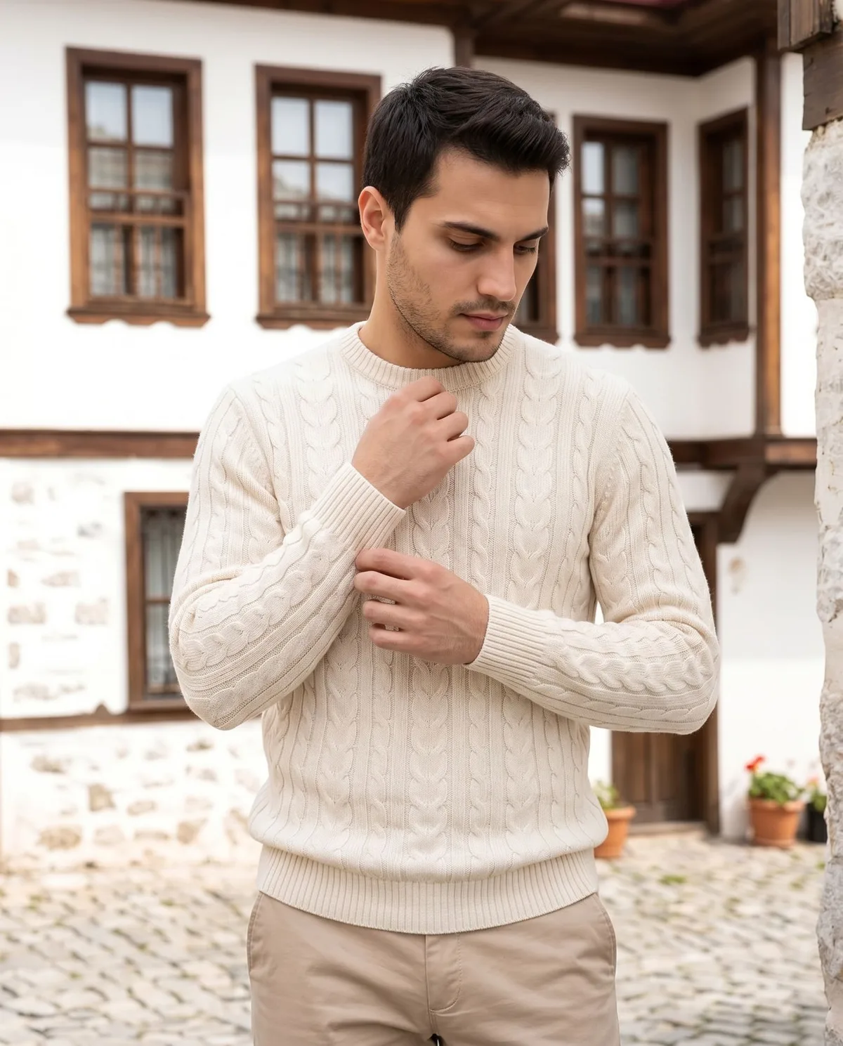 Cream Knit Sweater Look detail - Savas Textile
