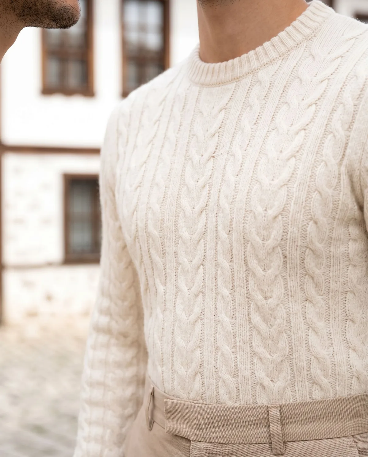 Cream Knit Sweater Look detail - Savas Textile
