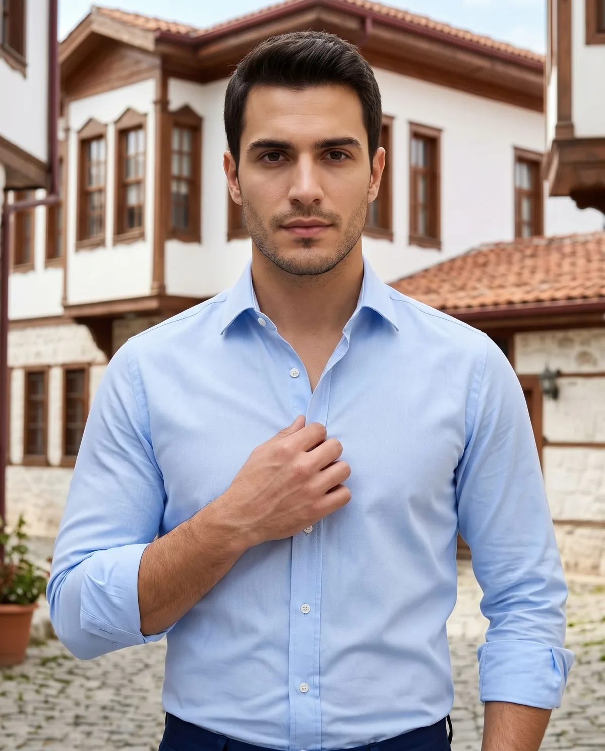 Blue Shirt + Trousers Look detail - Savas Textile