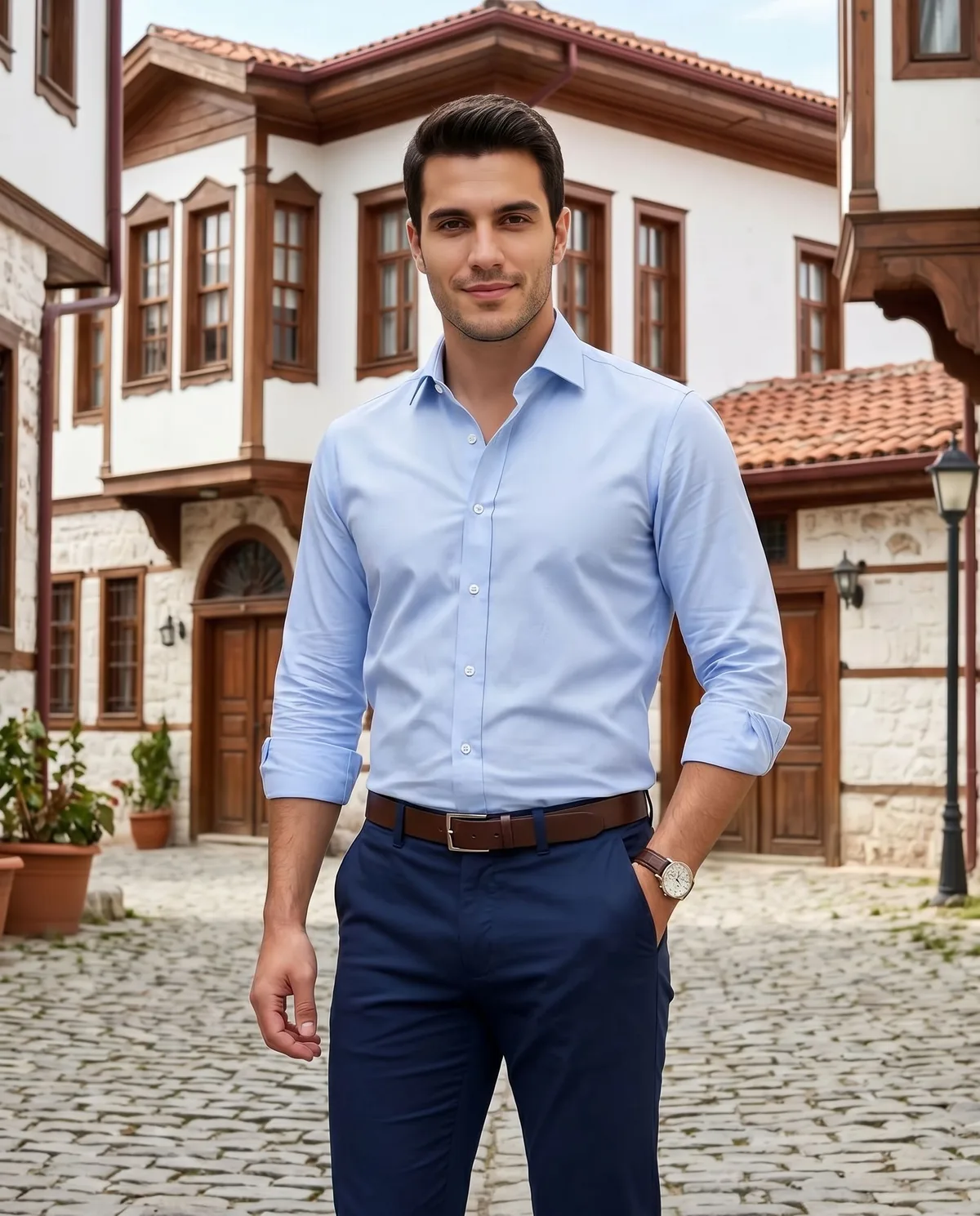 Blue Shirt + Trousers Look detail - Savas Textile