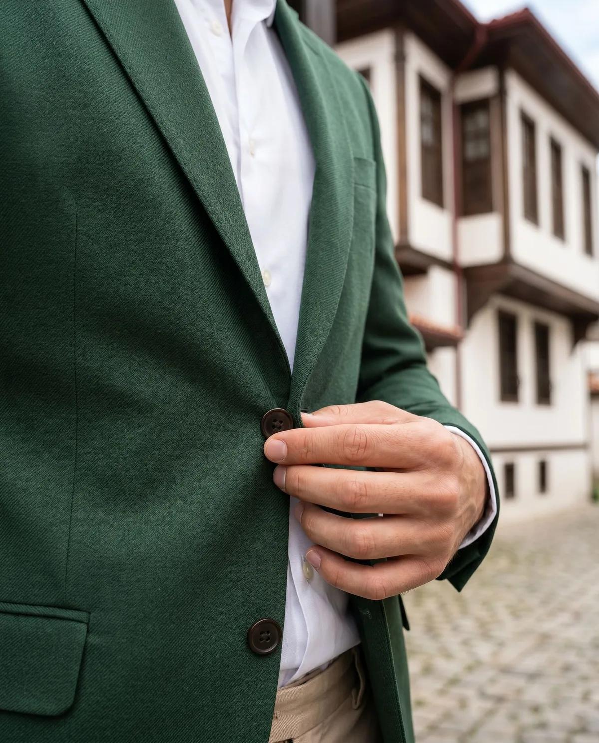 Green Blazer Look detail - Savas Textile