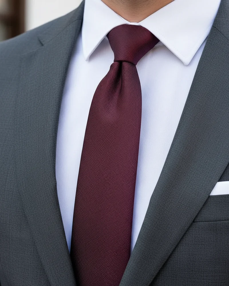 Charcoal Slim Fit Suit - Burgundy Tie detail - Savas Textile