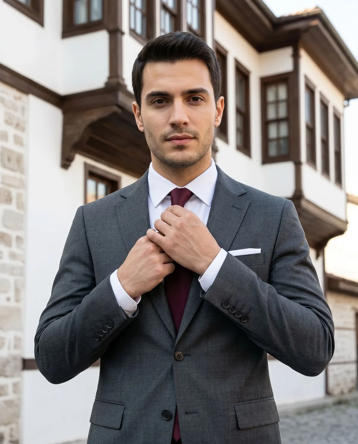 Charcoal Slim Fit Suit - Burgundy Tie detail - Savas Textile