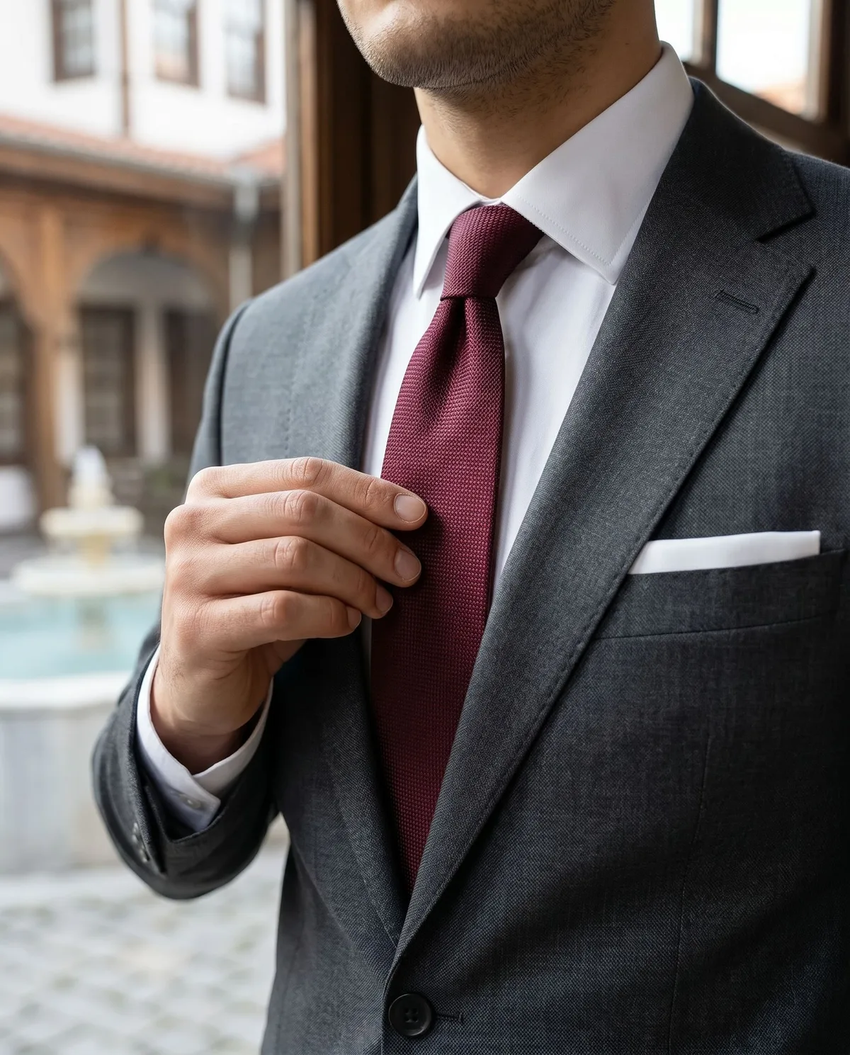 Charcoal Slim Fit Suit - Burgundy Tie detail - Savas Textile