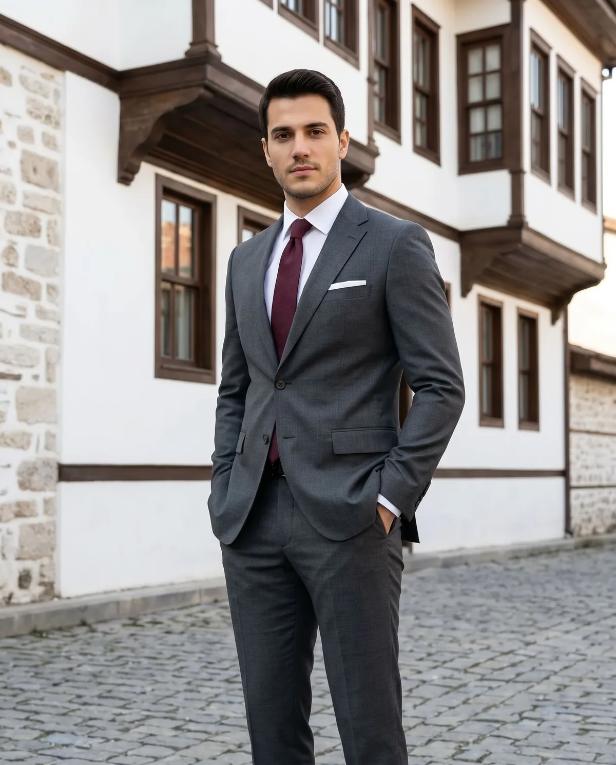 Charcoal Slim Fit Suit - Burgundy Tie detail - Savas Textile