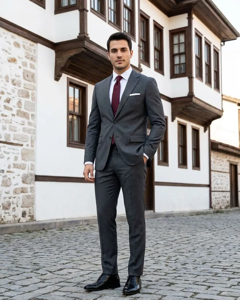 Charcoal Slim Fit Suit - Burgundy Tie - Suits by Savas Textile