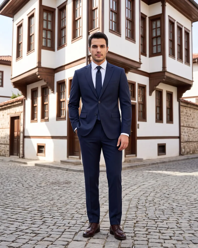Dark Navy Slim Fit Suit detail - Savas Textile