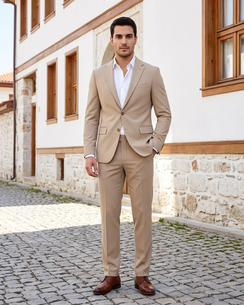 Beige Slim Fit Suit detail - Savas Textile