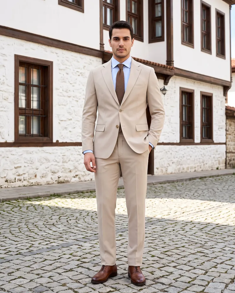 Light Beige Regular Fit Suit, Knit Tie detail - Savas Textile