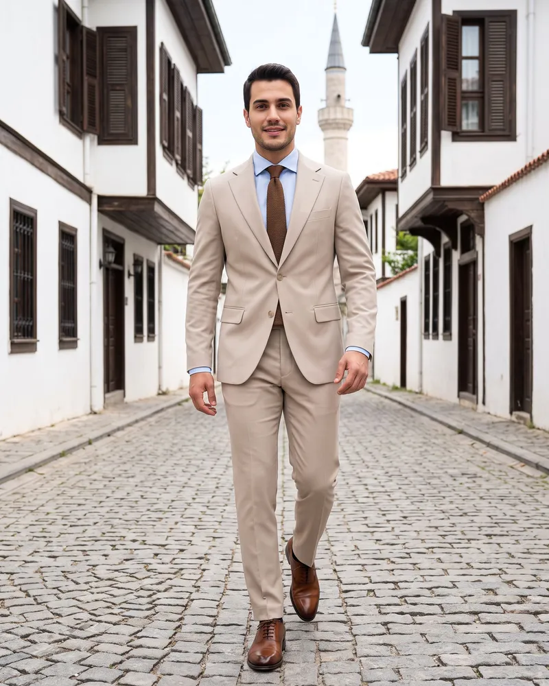 Light Beige Regular Fit Suit, Knit Tie - Premium Turkish Suits by Savas Textile