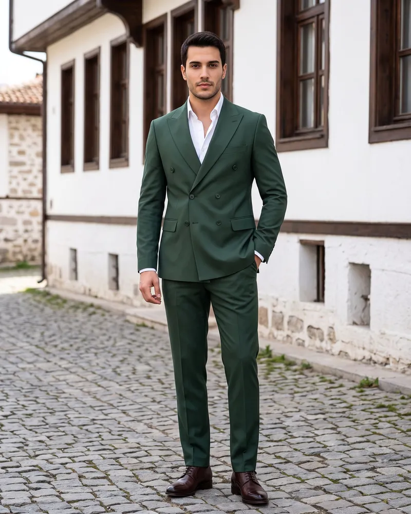 Green Double-Breasted Suit detail - Savas Textile
