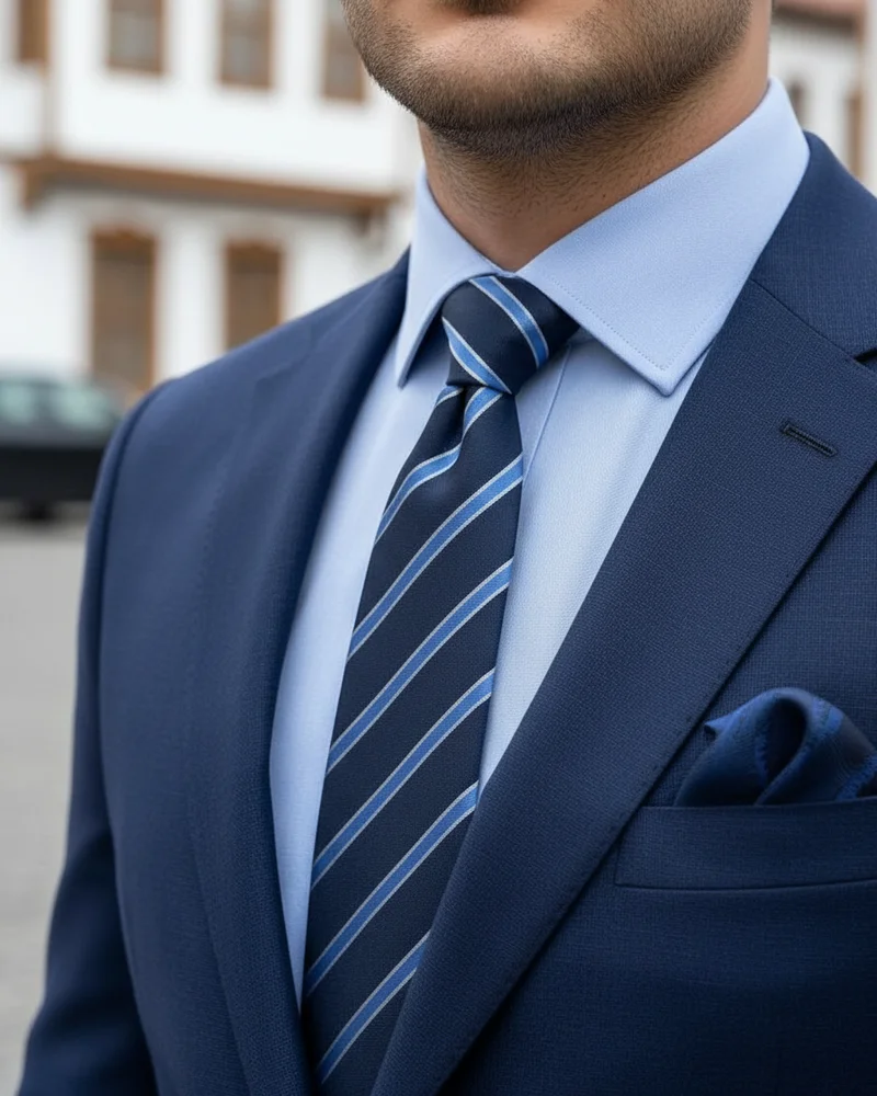 Navy Slim Fit Suit - Striped Tie detail - Savas Textile