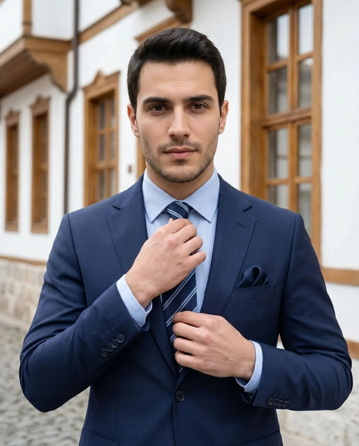 Navy Slim Fit Suit - Striped Tie detail - Savas Textile