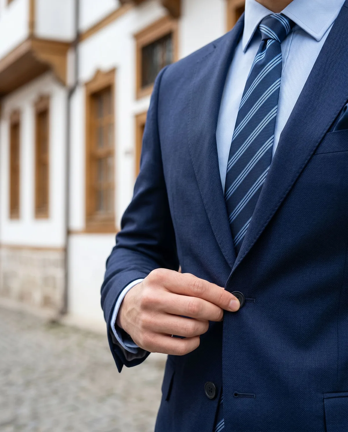 Navy Slim Fit Suit - Striped Tie detail - Savas Textile