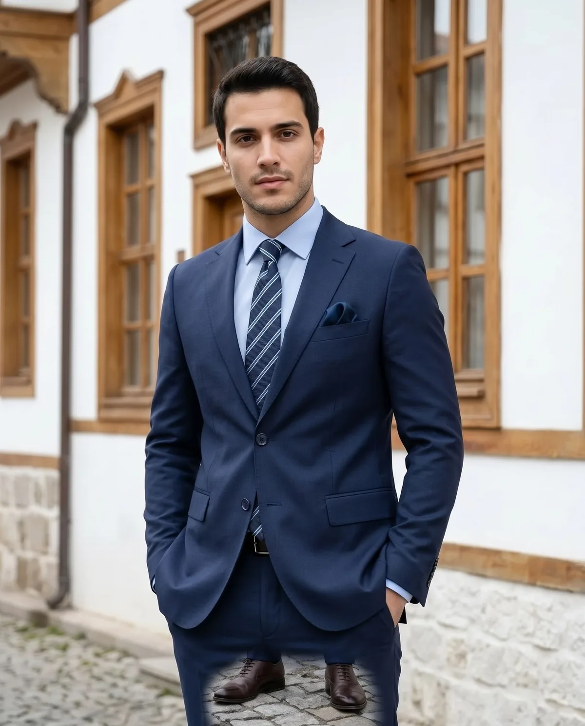 Navy Slim Fit Suit - Striped Tie detail - Savas Textile