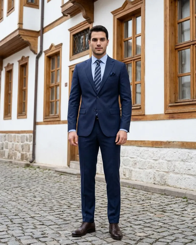 Navy Slim Fit Suit - Striped Tie - Suits by Savas Textile