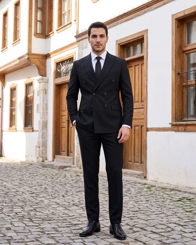 Black Double-Breasted Suit detail - Savas Textile
