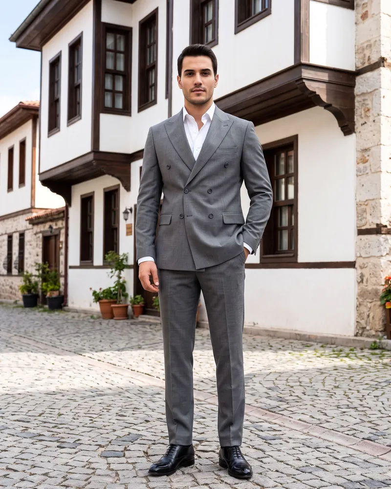 Grey Double-Breasted Suit detail - Savas Textile