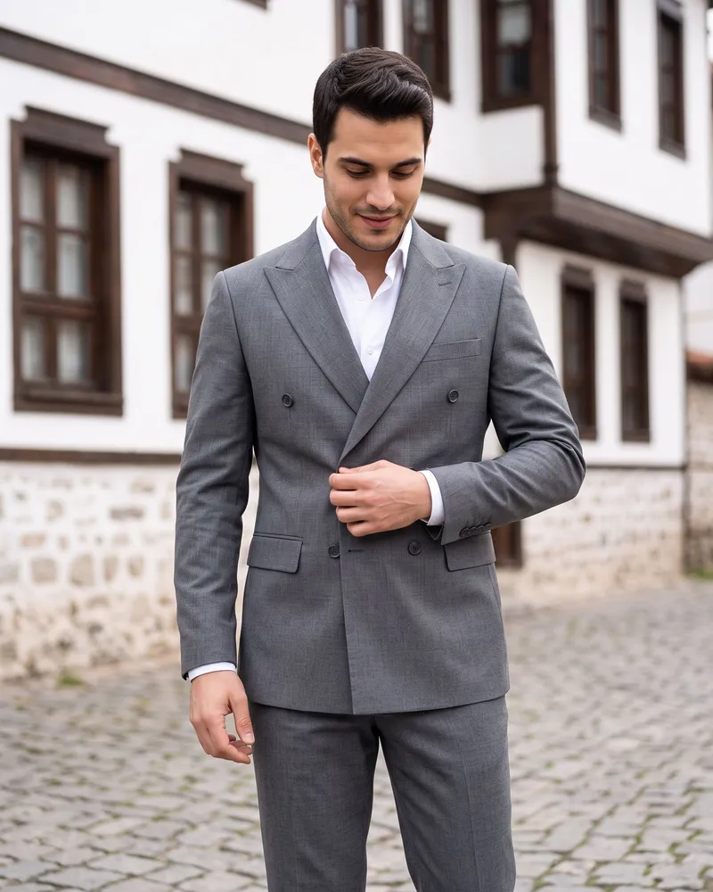 Grey Double-Breasted Suit - Premium Turkish Suits by Savas Textile