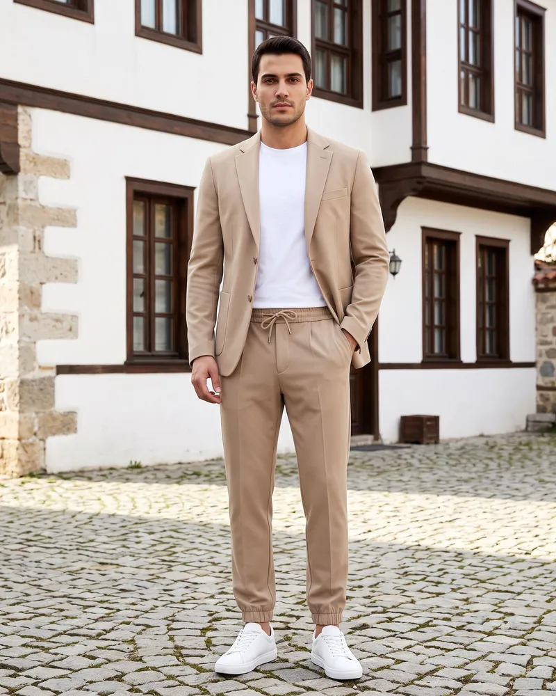 Beige Suit with Jogger Trousers detail - Savas Textile