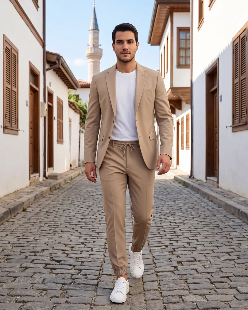 Beige Suit with Jogger Trousers - Premium Turkish Suits by Savas Textile