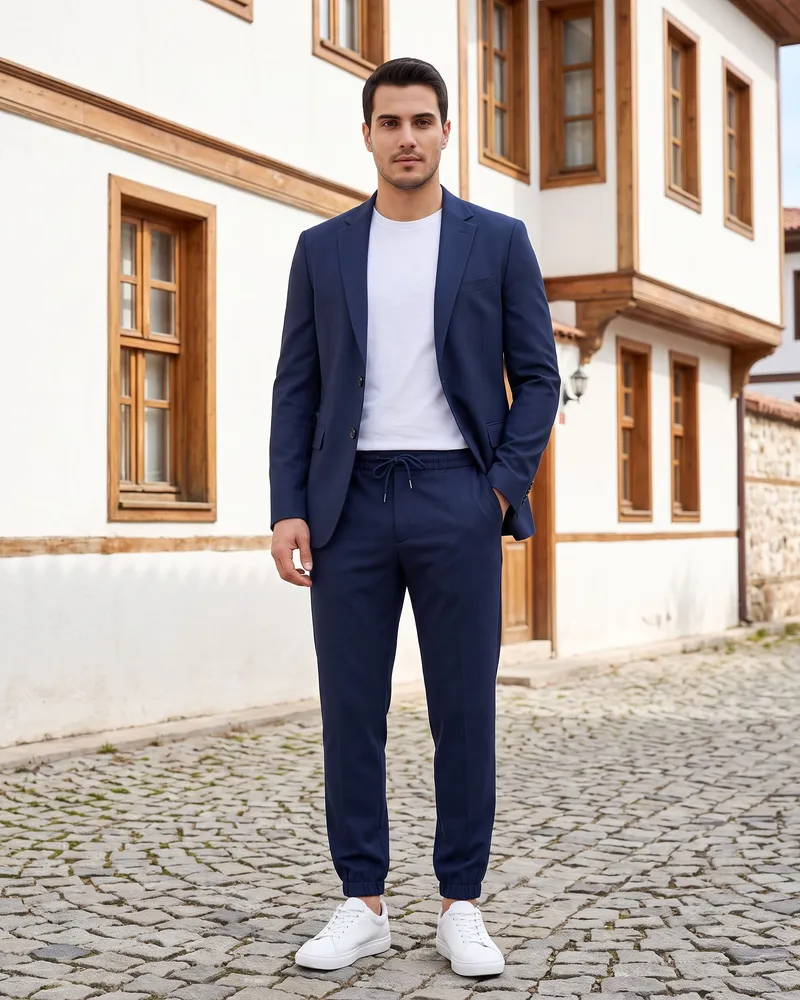 Navy Suit with Jogger Trousers detail - Savas Textile