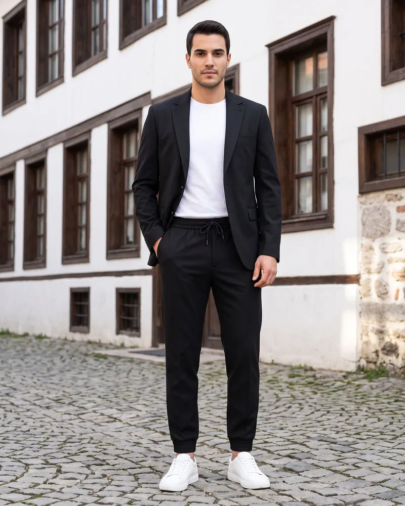 Black Suit with Jogger Trousers detail - Savas Textile