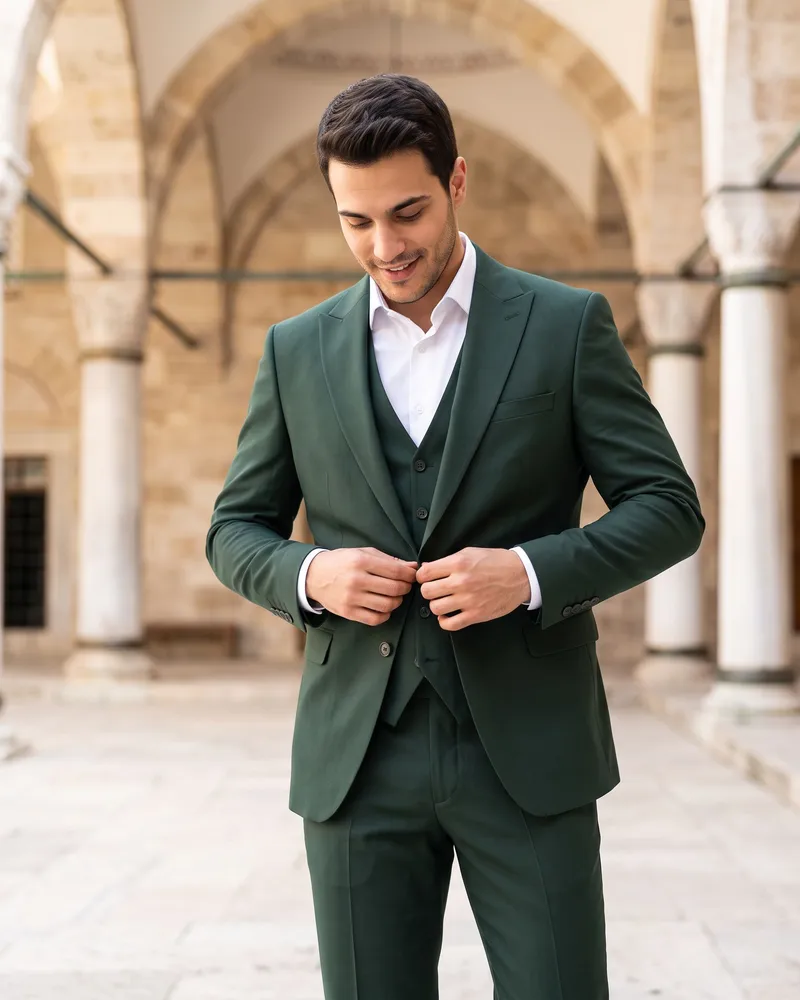 Green Suit with Waistcoat - Premium Turkish Suits by Savas Textile