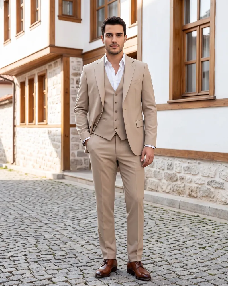 Beige Three-Piece Suit with Waistcoat detail - Savas Textile