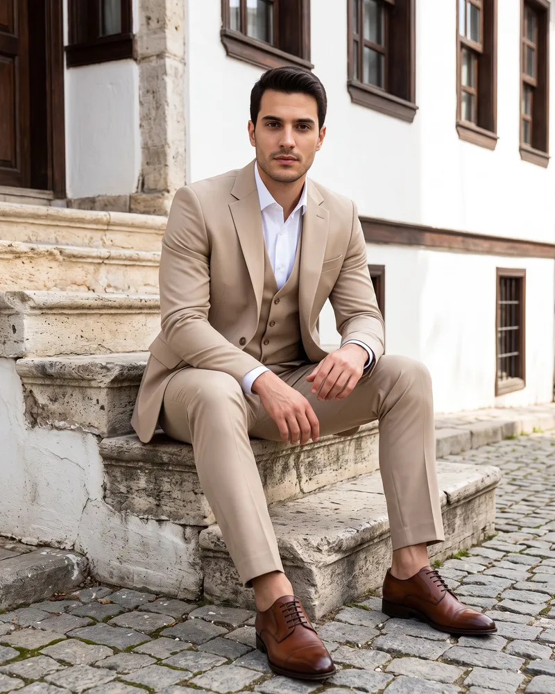 Beige Three-Piece Suit with Waistcoat - Premium Turkish Suits by Savas Textile