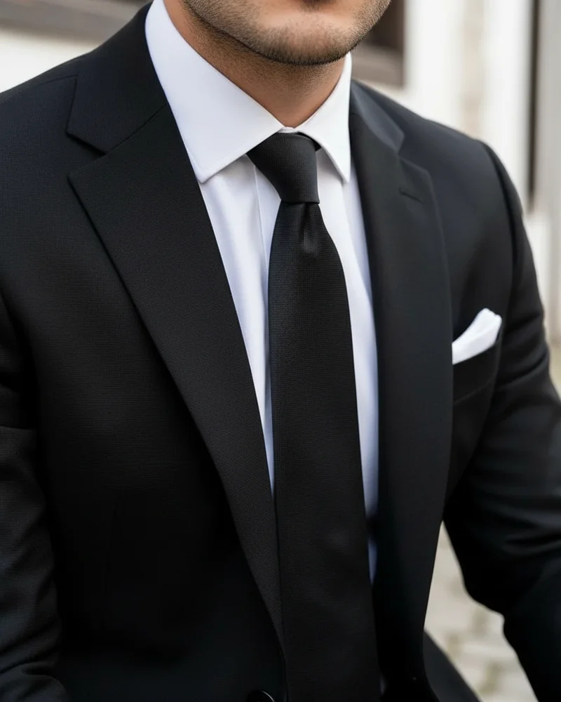 Black Slim Fit Suit - Black Tie detail - Savas Textile