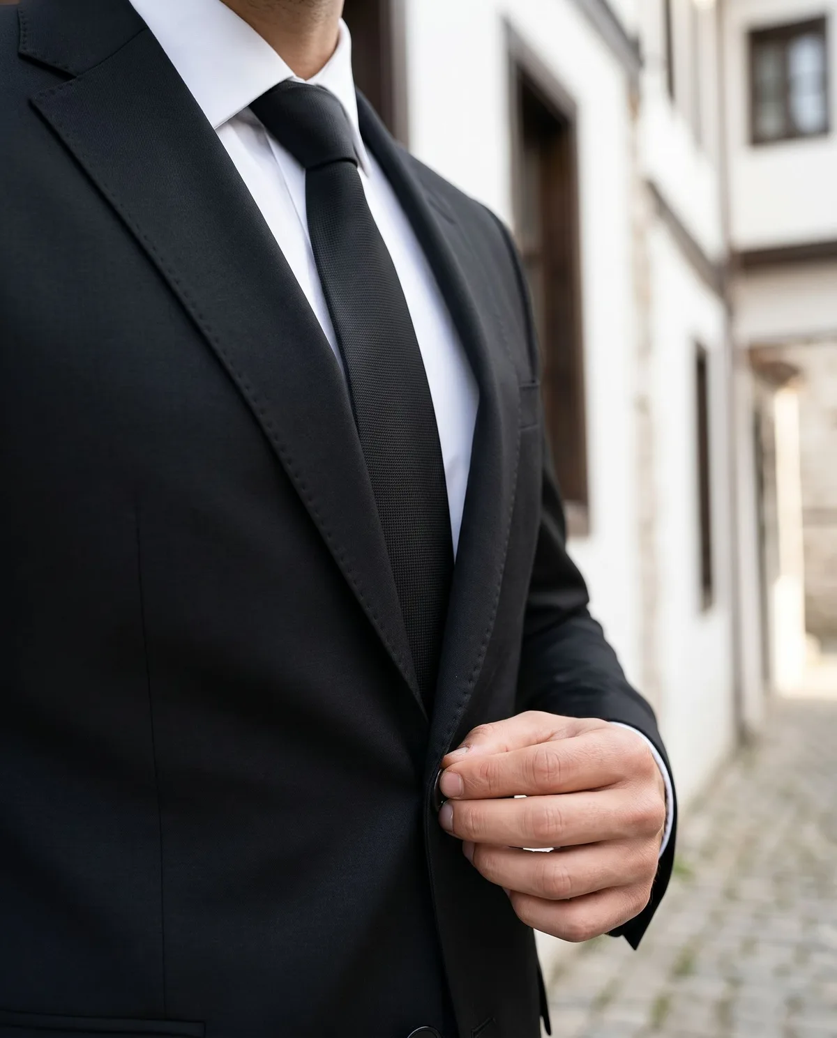 Black Slim Fit Suit - Black Tie detail - Savas Textile