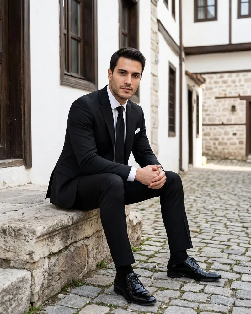 Black Slim Fit Suit - Black Tie - Suits by Savas Textile
