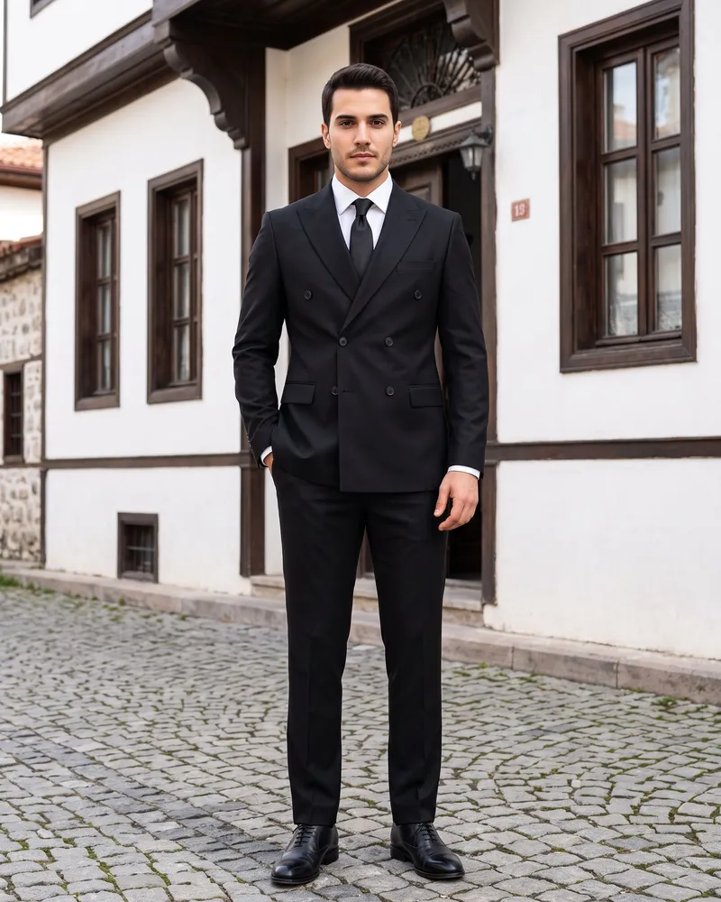 Black Double-Breasted Suit Premium Set detail - Savas Textile
