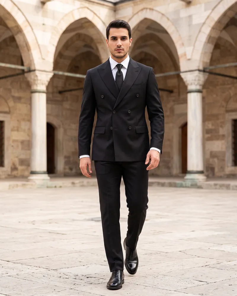 Black Double-Breasted Suit Premium Set - Premium Turkish Suits by Savas Textile