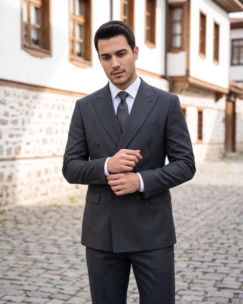 Smoke Grey Double-Breasted Suit Premium Set - Premium Turkish Suits by Savas Textile